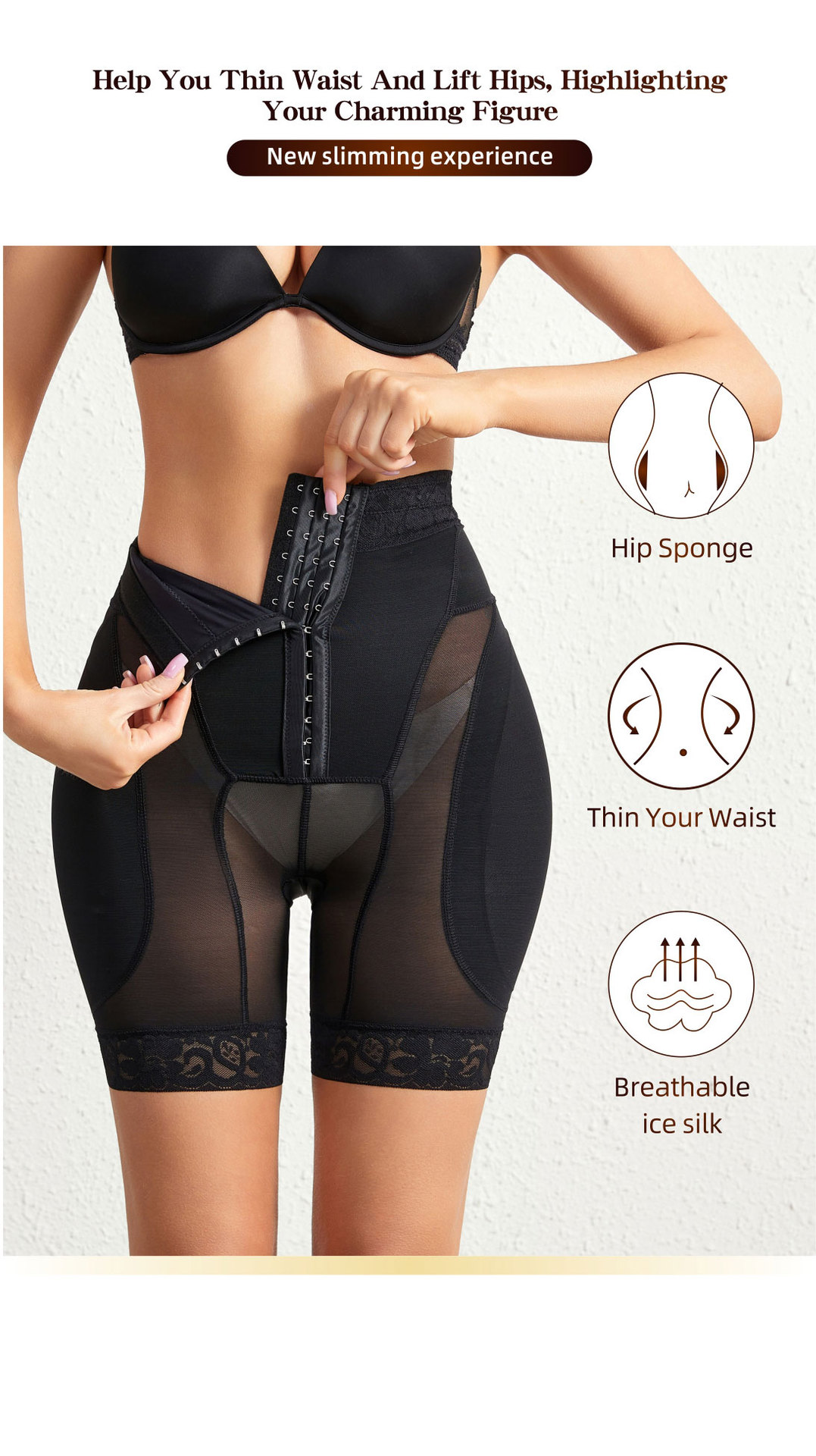 Breasted Mesh Lace Waist Body Shaping Abdominal Girdling ButtLift Plump Hip Pads Shapewear
