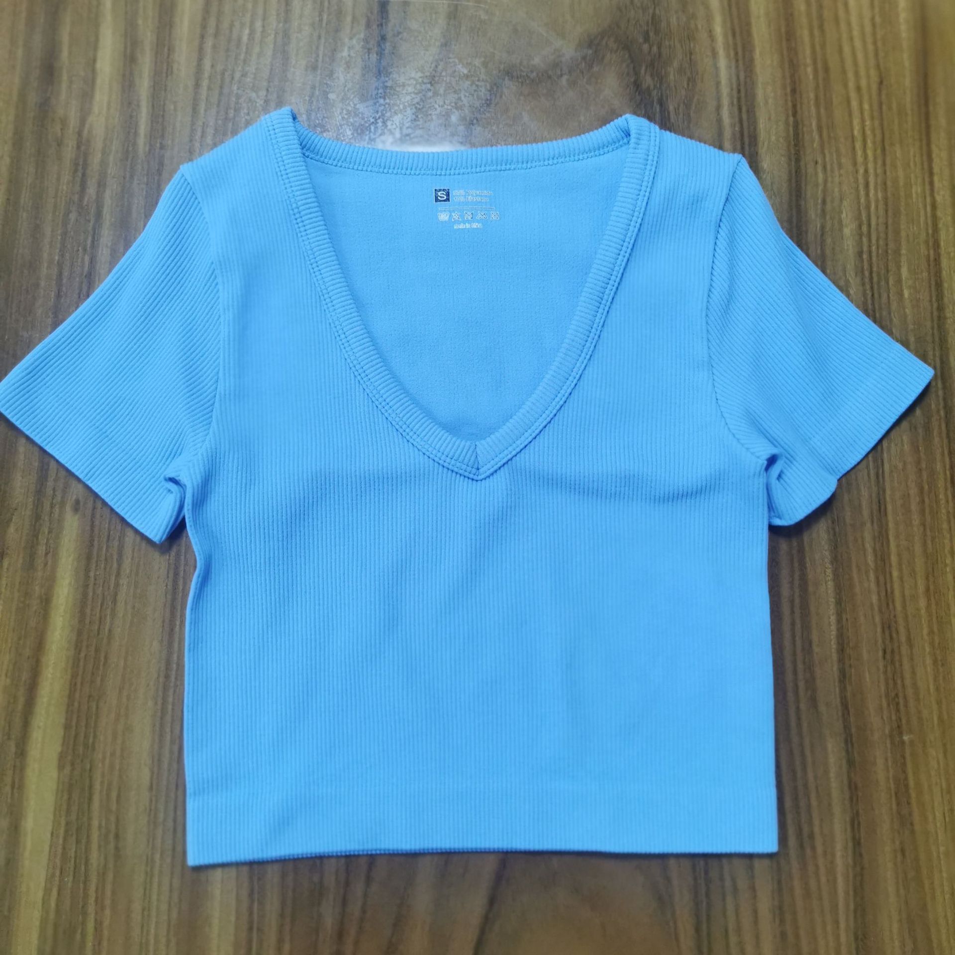 Cropped Women's Solid T-shirt Tank Top Seamless Streetwear Stretch Rib Knit Short Sleeve V-neck Casual Tank Top Women
