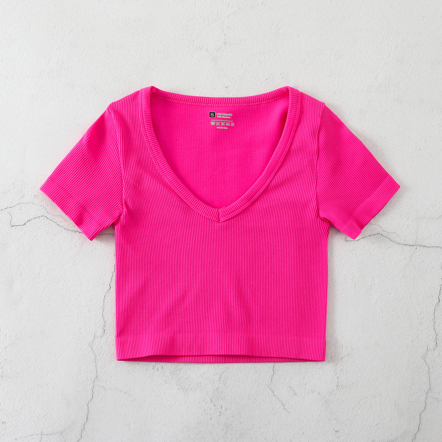 Cropped Women's Solid T-shirt Tank Top Seamless Streetwear Stretch Rib Knit Short Sleeve V-neck Casual Tank Top Women