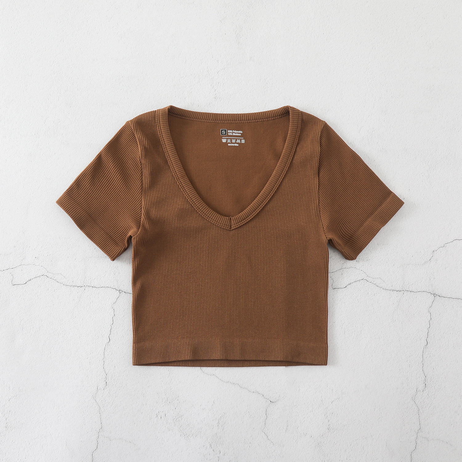 Cropped Women's Solid T-shirt Tank Top Seamless Streetwear Stretch Rib Knit Short Sleeve V-neck Casual Tank Top Women