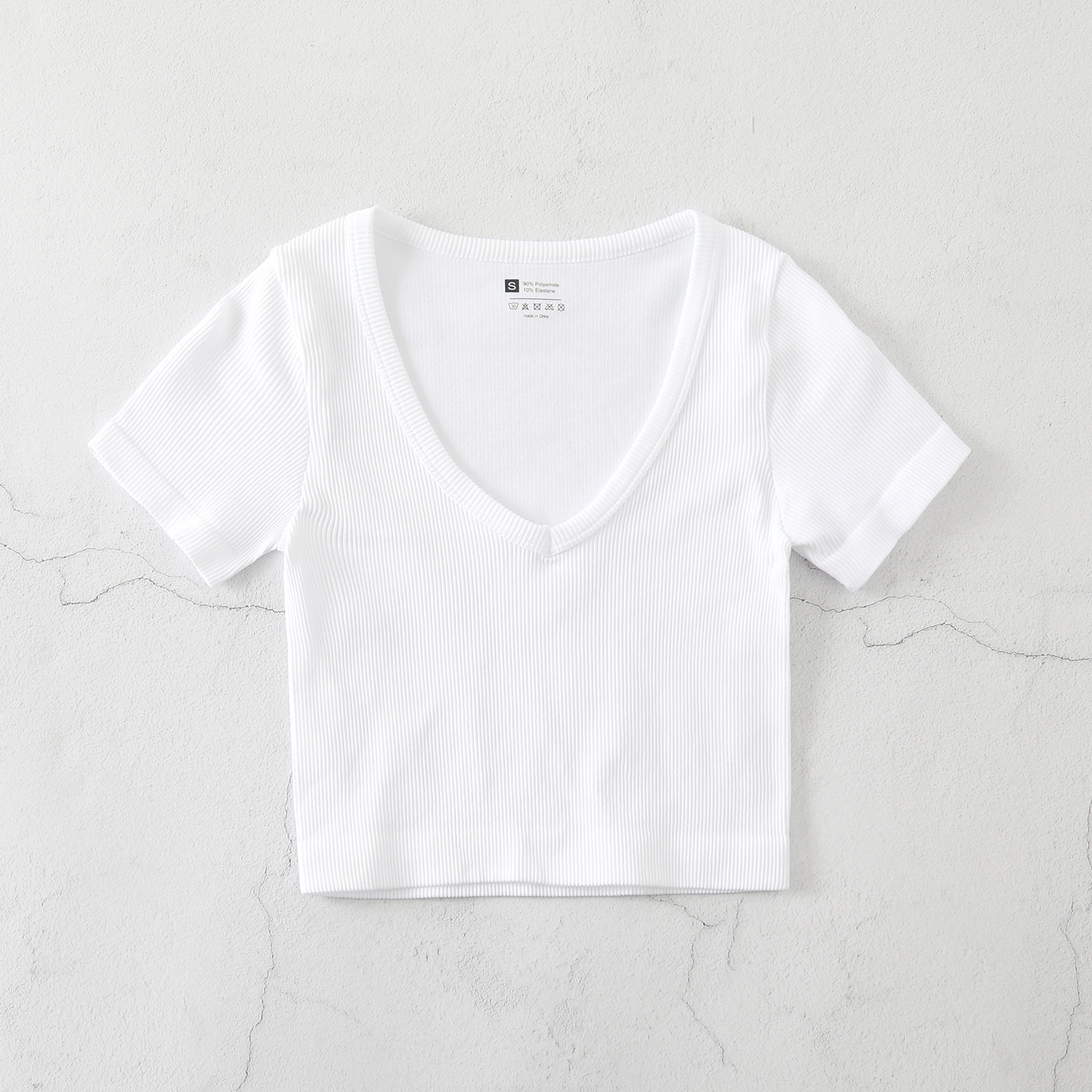 Cropped Women's Solid T-shirt Tank Top Seamless Streetwear Stretch Rib Knit Short Sleeve V-neck Casual Tank Top Women