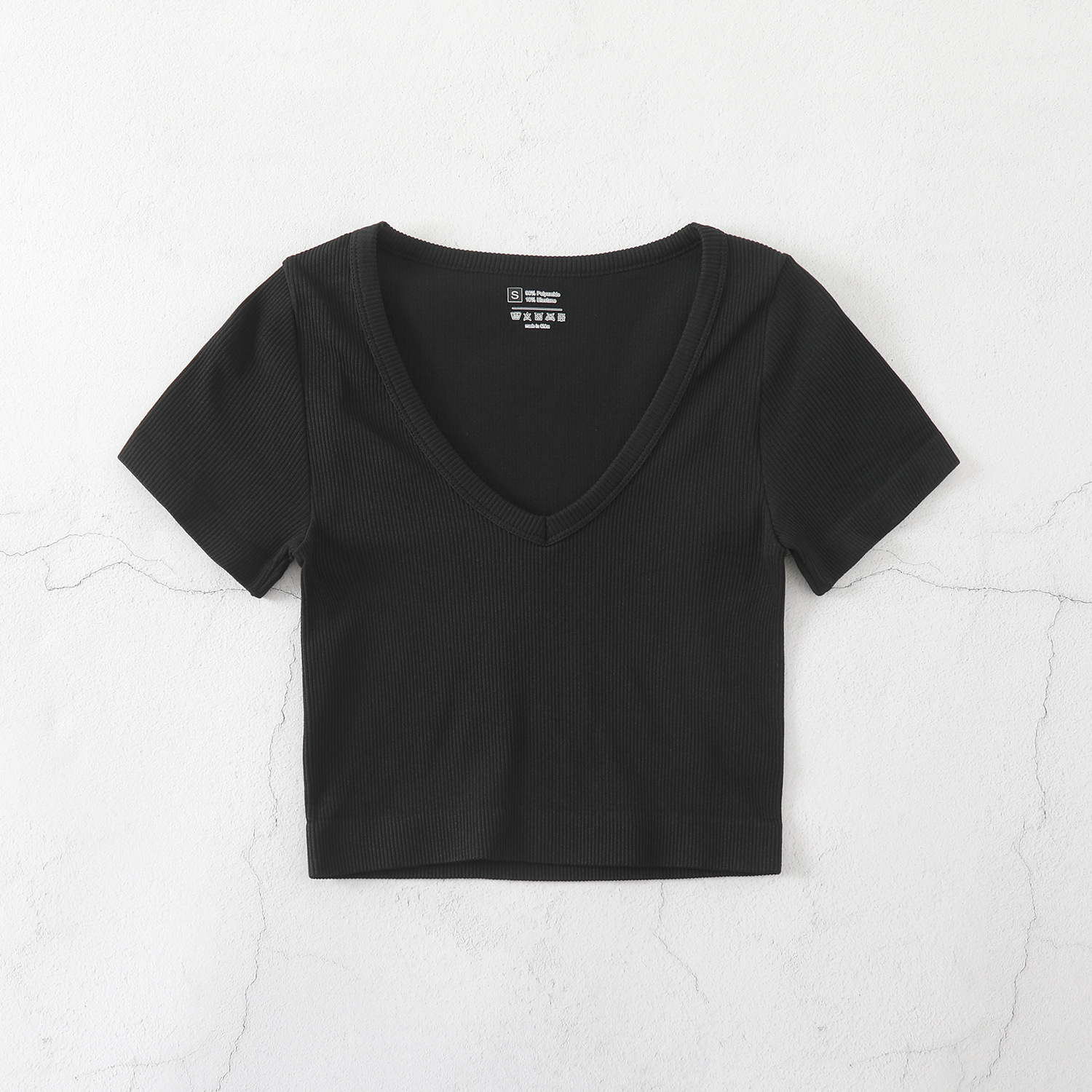 Cropped Women's Solid T-shirt Tank Top Seamless Streetwear Stretch Rib Knit Short Sleeve V-neck Casual Tank Top Women