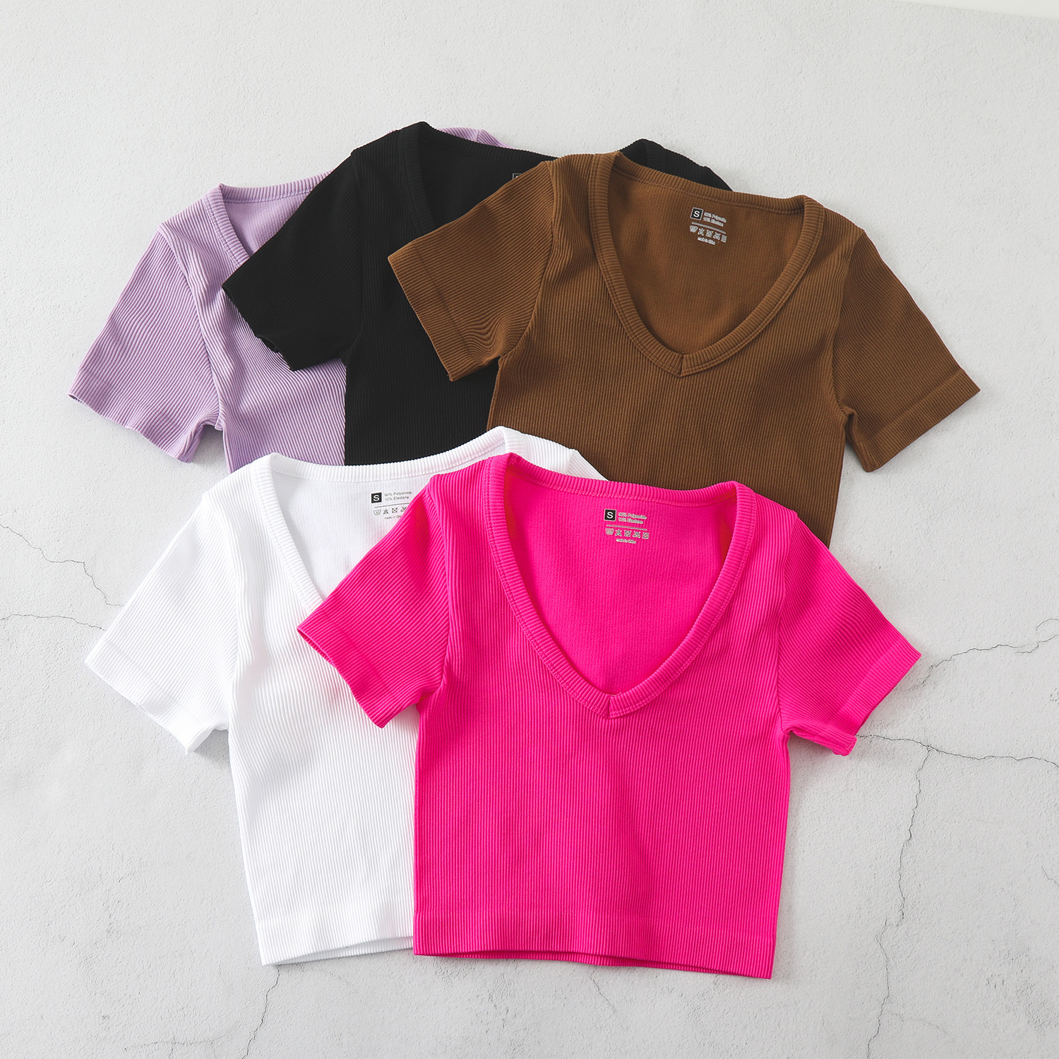 Cropped Women's Solid T-shirt Tank Top Seamless Streetwear Stretch Rib Knit Short Sleeve V-neck Casual Tank Top Women