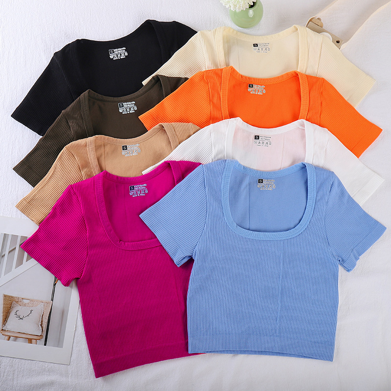 Custom Summer Women Stretch Crop Top Tight High Waist American Hot Girl Slim Fit Short Sleeve T-shirt Women's Crop Top