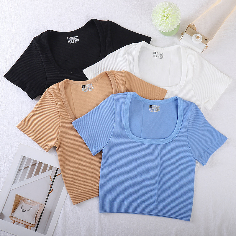 Custom Summer Women Stretch Crop Top Tight High Waist American Hot Girl Slim Fit Short Sleeve T-shirt Women's Crop Top