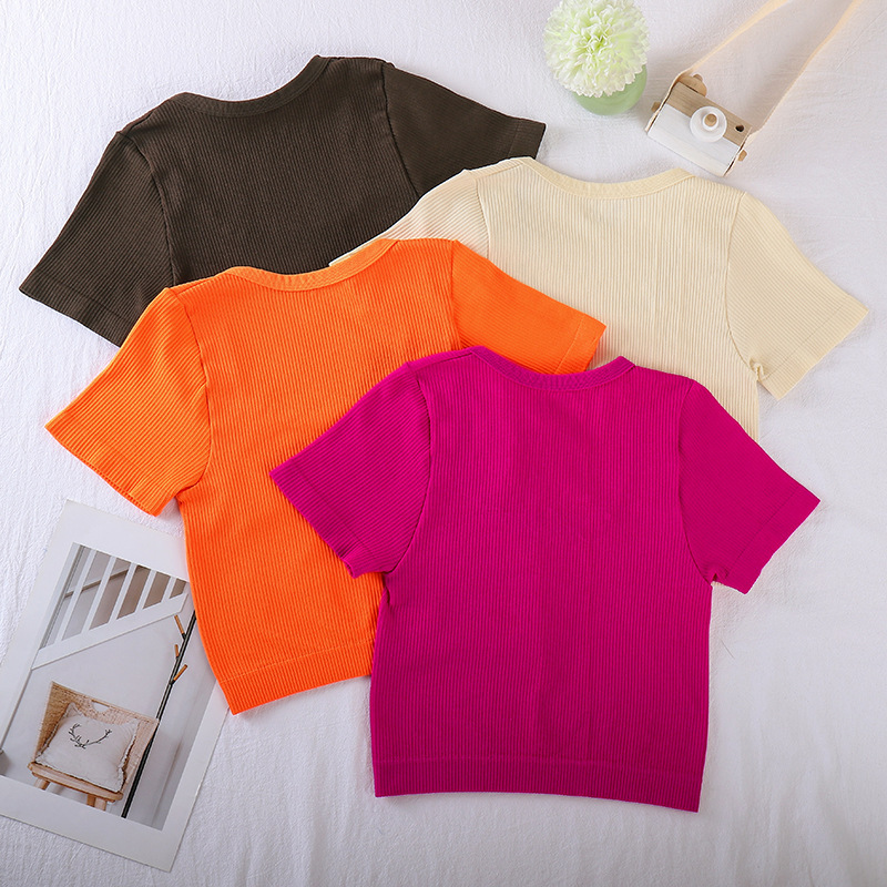 Custom Summer Women Stretch Crop Top Tight High Waist American Hot Girl Slim Fit Short Sleeve T-shirt Women's Crop Top